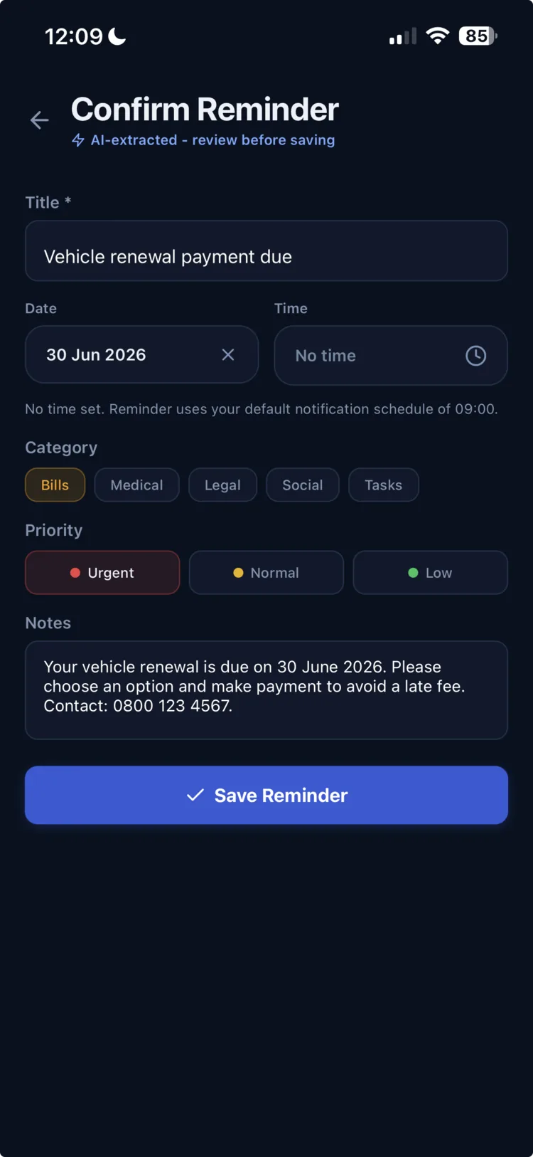 LoopQue confirm screen with the AI-extracted reminder details