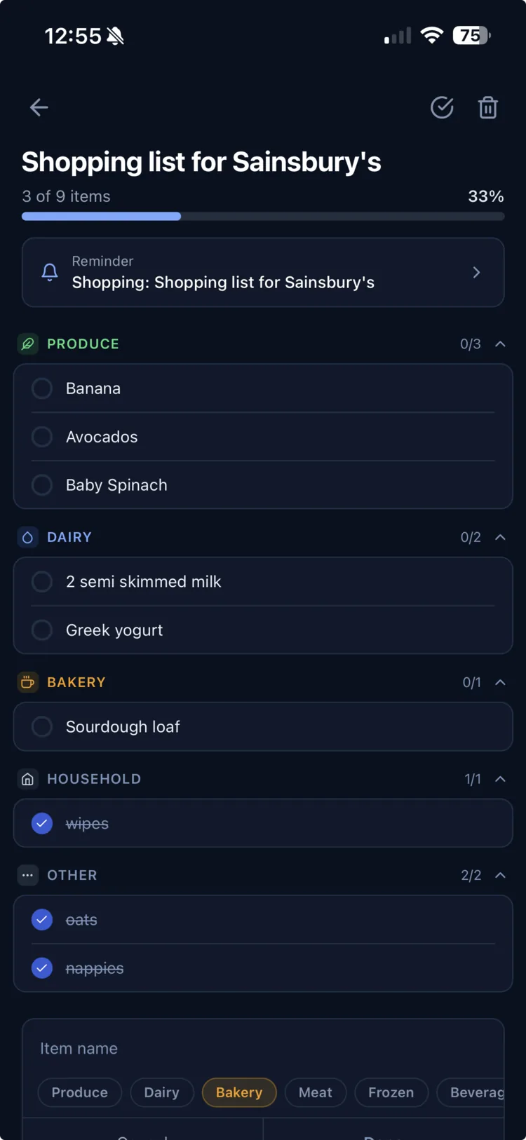 A LoopQue shopping list grouped by category with items checked off